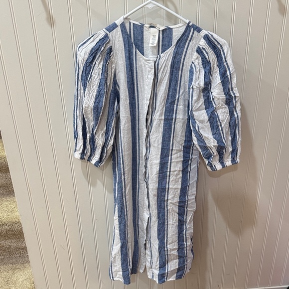 H&M Dresses & Skirts - H&M Blue and White Striped Linen-Blend Shirt Dress XXS coastal puff sleeve